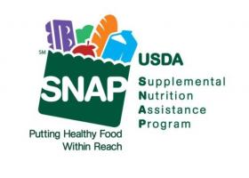 Logotipo del programa SNAP, que es una bosla sel supermercado con víveres, y la leyenda: poniendo comida saludable al alcance.
