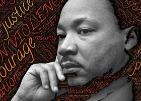 imagen del rostro de Martin Luther Kink Jr rodeado de palabras que describen sus ideales: dignidad, justicia, no a la violencia y paz