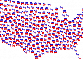 mapa de los Estados Unidos hecho a base de pequeñas imágenes de los logos de los partidos demócrata y republicano