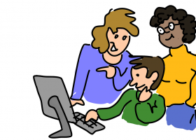 ilustración de tres personas resolviendo algo frente a una computadora