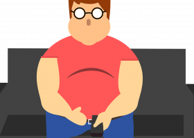 ilustración de un hombre con obesidad sentado en un sofá con un control remoto en las manos