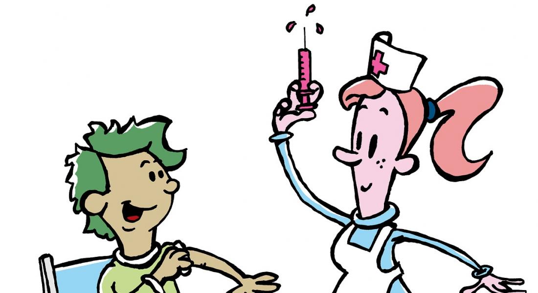 ilustración de enfermera con jeringa y niño descubriendo el brazo para recibir la inyección