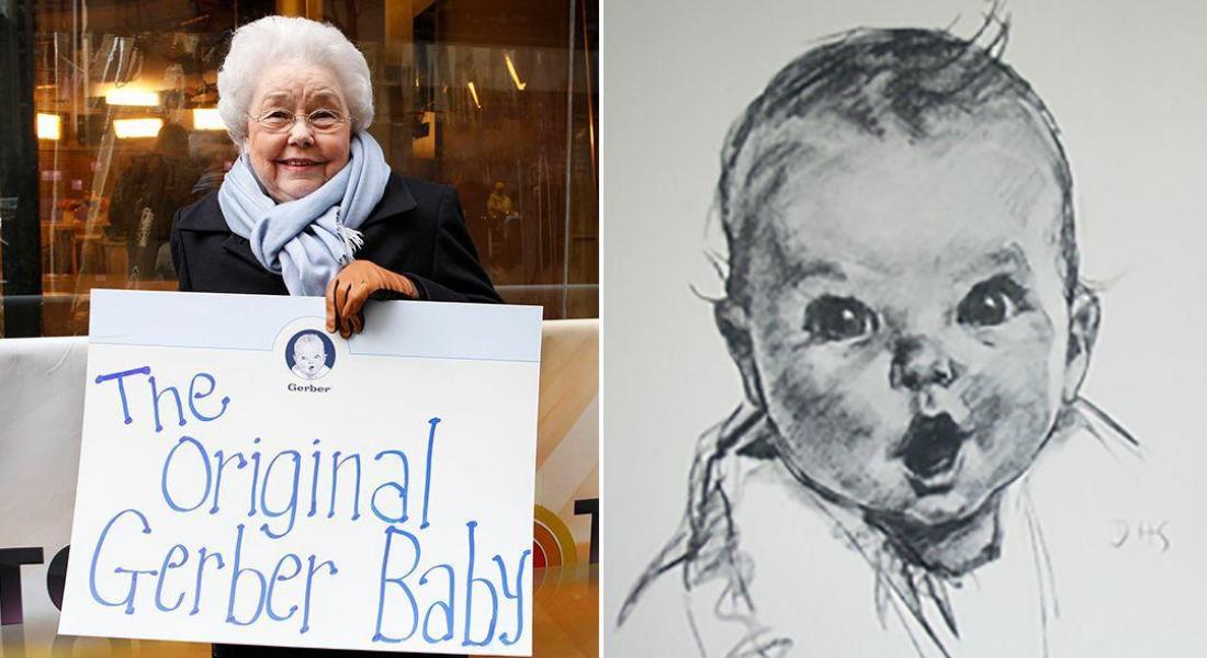 Ann Turner Cook actualmente, sosteniendo una pancarta que dice: la bebé original Gerber, y an la otra mitad de la imagen, el retrato a carbón icónico de la marca de alimento para bebé