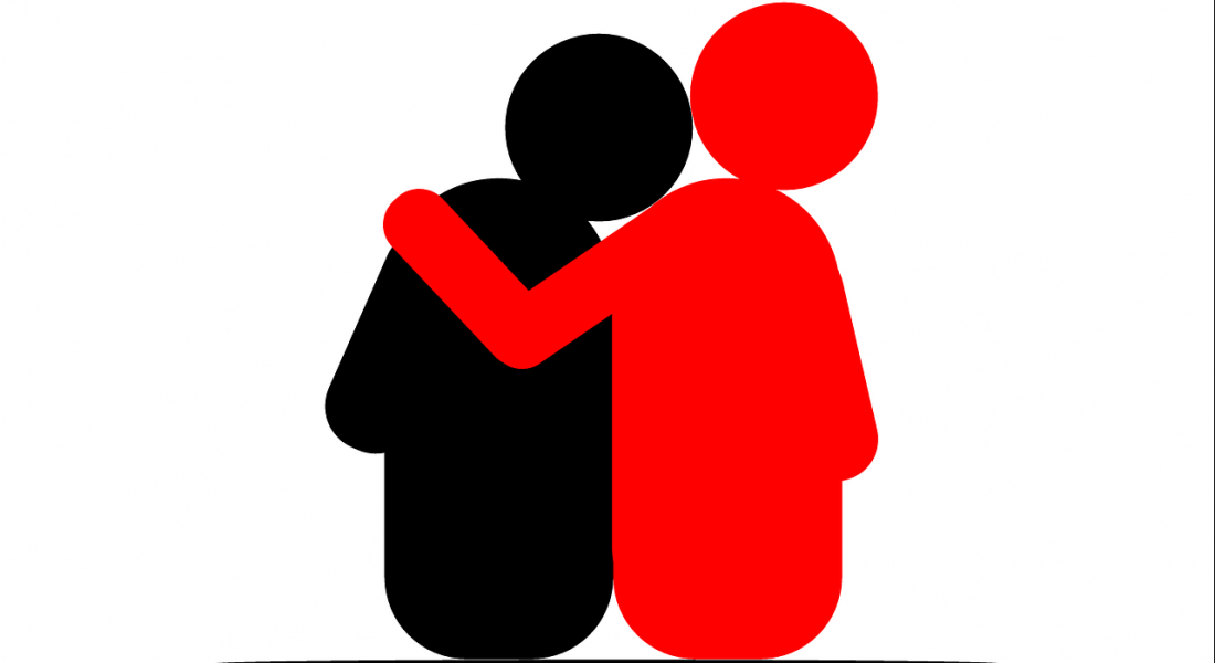 Ilustración de una persona dando consuelo a otra con un abrazo