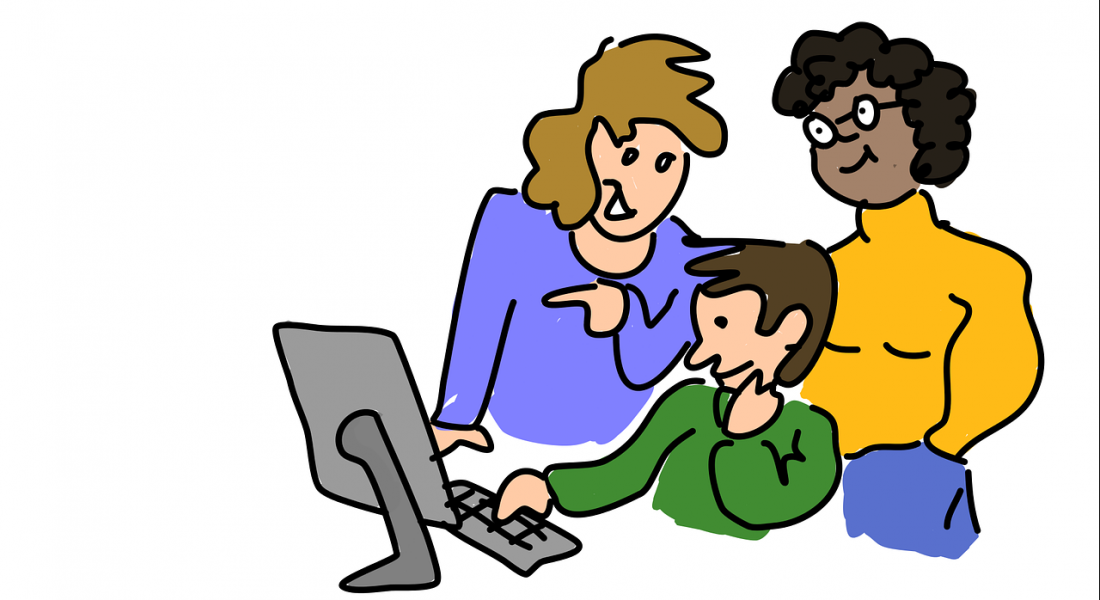 ilustración de tres personas resolviendo algo frente a una computadora