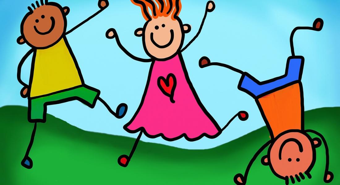 ilustración de tres niños pequeños jugando felices